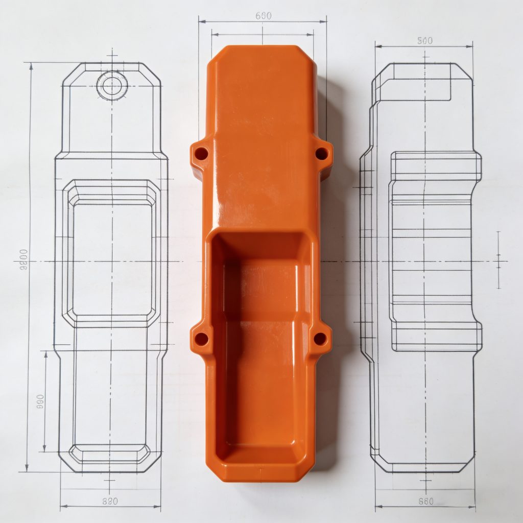 Orange injection-molded part laid over engineering drawings